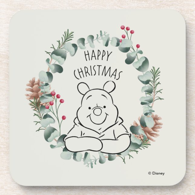 Pooh | Happy Christmas Wreath Beverage Coaster (Front)