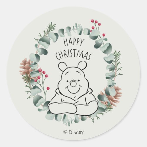 Pooh | Happy Christmas Wreath Classic Round Sticker