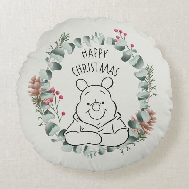 Pooh | Happy Christmas Wreath Round Pillow (Front)