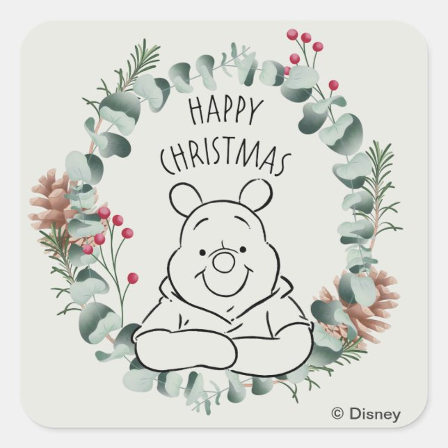 Pooh | Happy Christmas Wreath Square Sticker (Front)