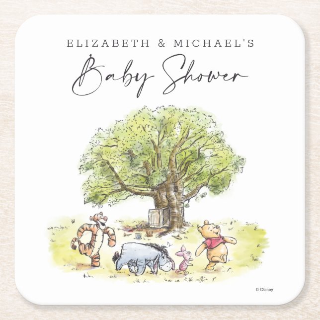 Pooh & Pals Watercolor Baby Shower Square Paper Coaster (Front)