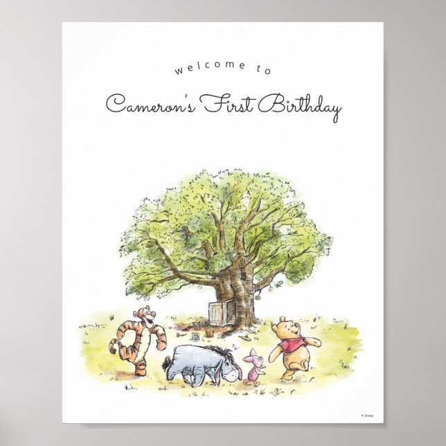 Pooh & Pals Watercolor Welcome 1st Birthday Poster (Front)