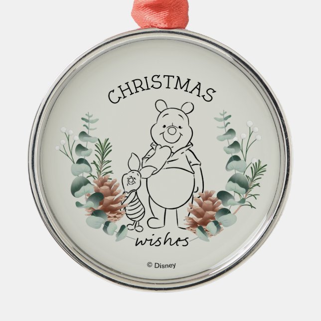 Pooh & Piglet | Christmas Wishes Wreath Metal Ornament (Front)