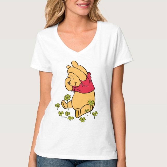 Pooh Playing in a Shamrock Patch T-Shirt (Front)