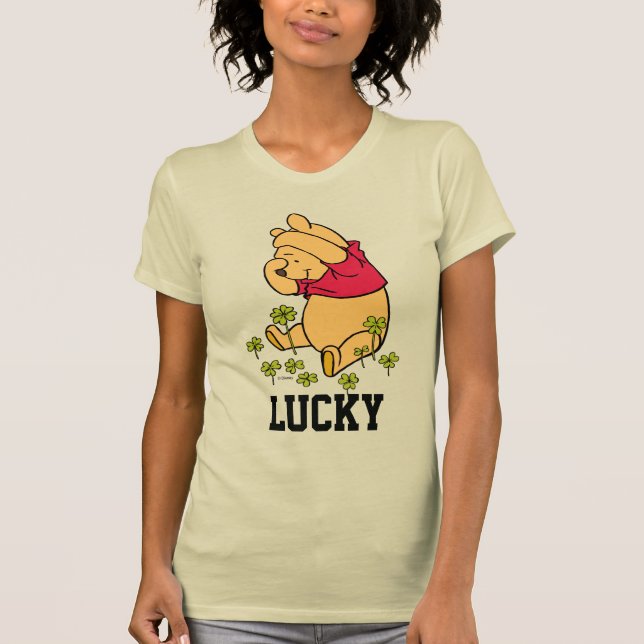 Pooh Playing in a Shamrock Patch T-Shirt (Front)