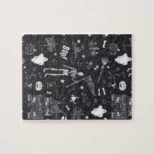 • pooky Gothic Halloween Pattern - Black and White Jigsaw Puzzle