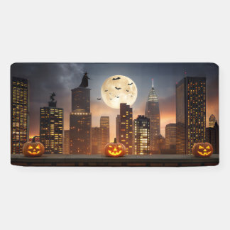 pooky Halloween Night Cityscape with Pumpkin Banner