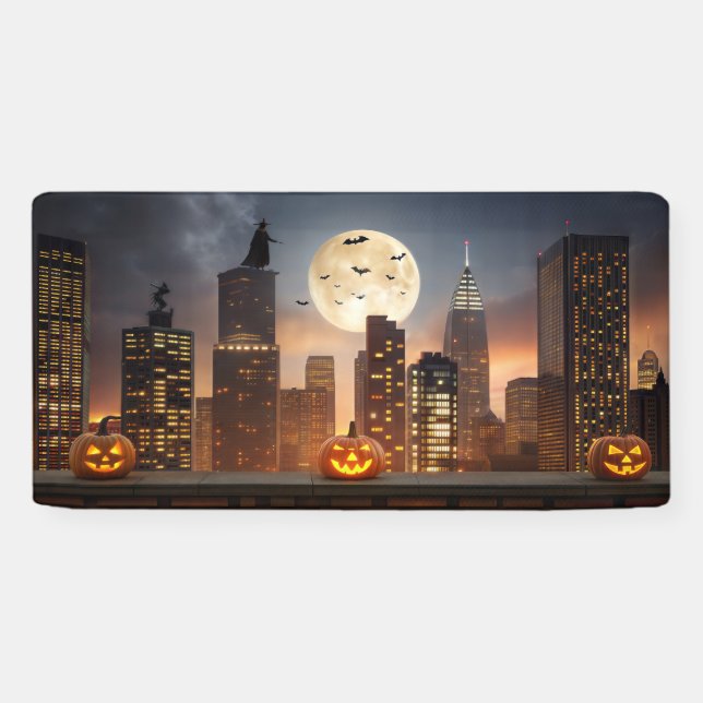 pooky Halloween Night Cityscape with Pumpkin Banner (Horizontal)