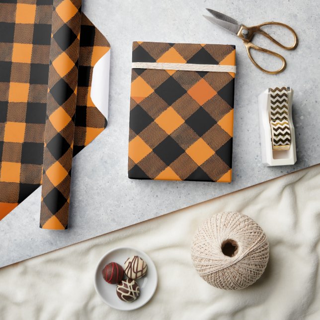 pooky Orange and Black Checkered Halloween Pattern Wrapping Paper (Crafts)
