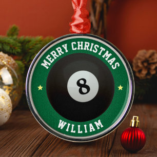 Pool Billiards 8 Ball Green Merry Christmas Metal Ornament
