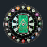 Pool/ Billiards Multi-Target 20 Count Dartboard<br><div class="desc">A fun pool and billiards themed dartboard. Features cool billiards table,  triangle and cue sticks central. Also has 20 count ball perimeter for small added targets for more challenges. Perfect for traditional dart games,  new ones of your own,  or as a cool statement art piece. Enjoy!</div>