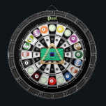 Pool/ Billiards Multi-Target 2.0 Dartboard<br><div class="desc">A fun pool and billiards themed dartboard. Features cool billiards table, triangle and cue sticks central. Also has square chalk "pocket" at center target, all 15 pool balls, and small pocket-like targets for added challenges. Perfect for traditional dart games, new ones of your own, or as a cool statement art...</div>