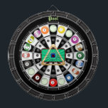 Pool/ Billiards Multi-Target 2.0 Dartboard<br><div class="desc">A fun pool and billiards themed dartboard. Features cool billiards table, triangle and cue sticks central. Also has square chalk "pocket" at center target, all 15 pool balls, and small pocket-like targets for added challenges. Perfect for traditional dart games, new ones of your own, or as a cool statement art...</div>