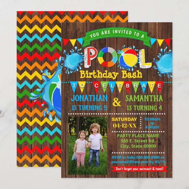 Pool birthday bash combined party wood photo invitation (Front/Back)