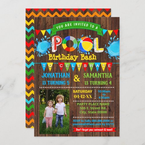 Pool birthday bash combined party wood photo invitation