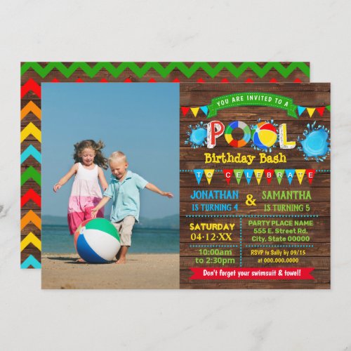 Pool birthday bash siblings combined party photo invitation