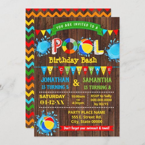 Pool birthday bash siblings combined party wood invitation
