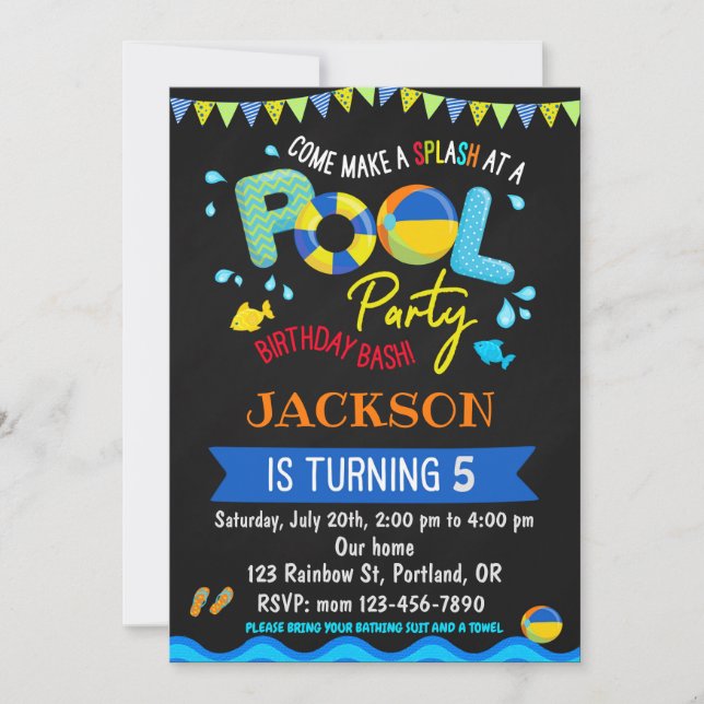 Pool birthday invitation Boy pool party invite (Front)