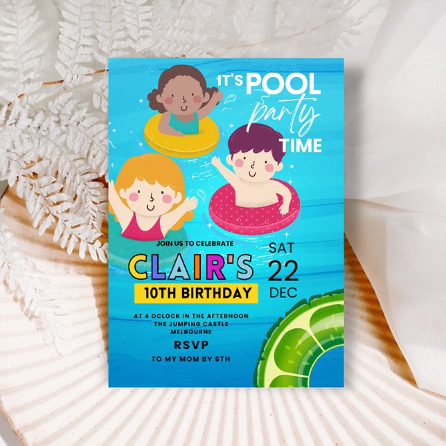 Pool Birthday invitations Swimming Tie Dye Party (pool birthday party invittion summer kids invite)