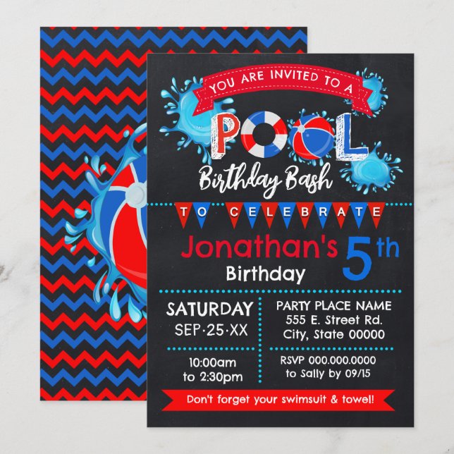 Pool Birthday Party Bash Red White Blue Invitation (Front/Back)
