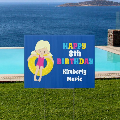Pool Birthday Party Blonde Swim Girl Custom Yard Sign