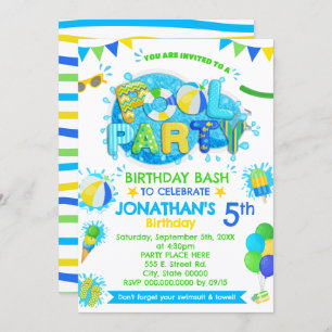 Pool Birthday Party Blue Green Yellow Invitation
