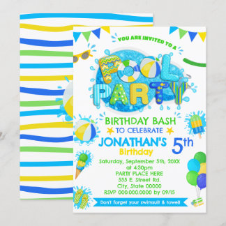 Pool Birthday Party Blue Green Yellow Invitation