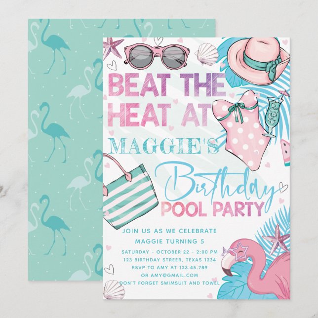 Pool Birthday Party Cute Pink Turquoise Invitation (Front/Back)