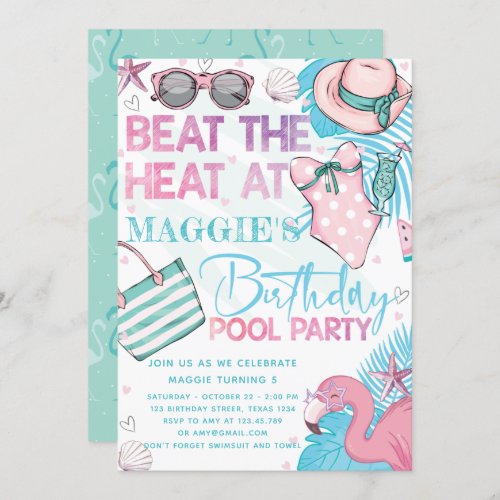 Pool Birthday Party Cute Pink Turquoise Invitation