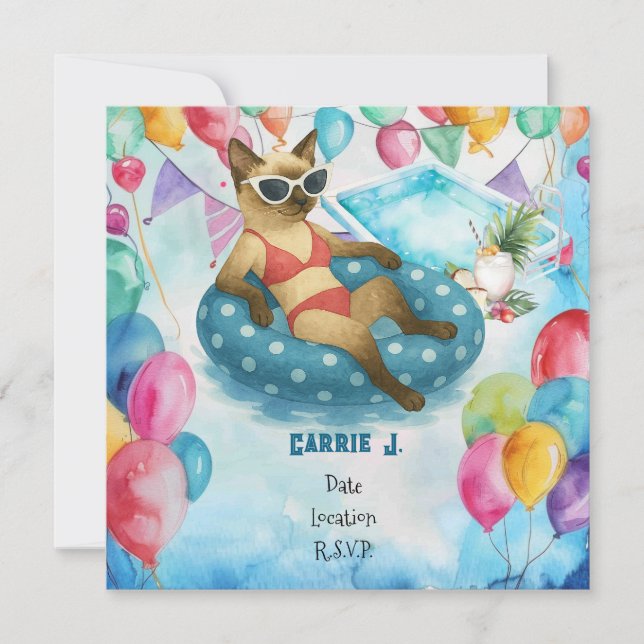Pool Birthday Party for Cat Lovers   Invitation (Front)