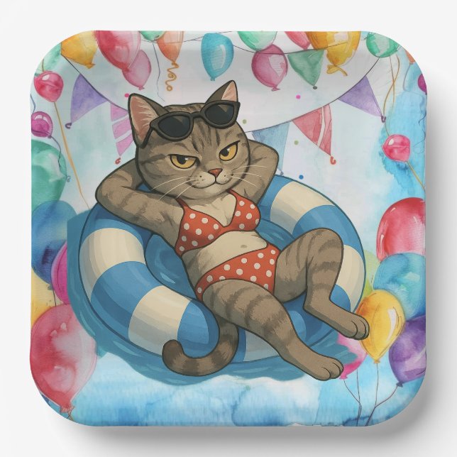 Pool Birthday Party for Cat Lovers  Paper Plates (Front)