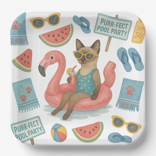 Pool Birthday Party for Cat Lovers  Paper Plates (Front)