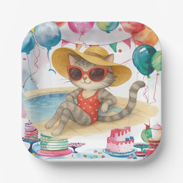 Pool Birthday Party for Cat Lovers  Paper Plates (Front)