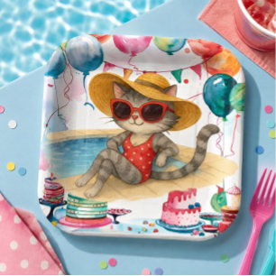 Pool Birthday Party for Cat Lovers Paper Plates