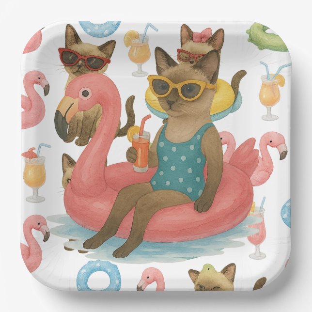 Pool Birthday Party for Cat Lovers  Paper Plates (Front)