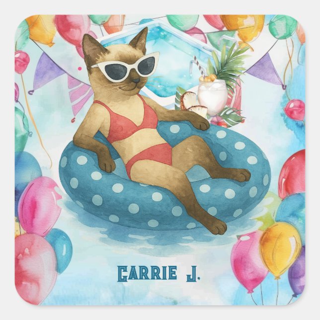 Pool Birthday Party for Cat Lovers   Square Sticker (Front)