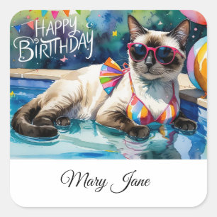 Pool Birthday Party for Cat Lovers Square Sticker
