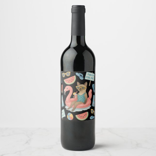 Pool Birthday Party for Cat Lovers  Wine Label (Front)