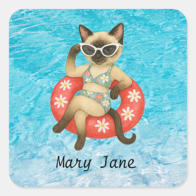 Pool Birthday Party for Cat Lovers with name Square Sticker (Front)