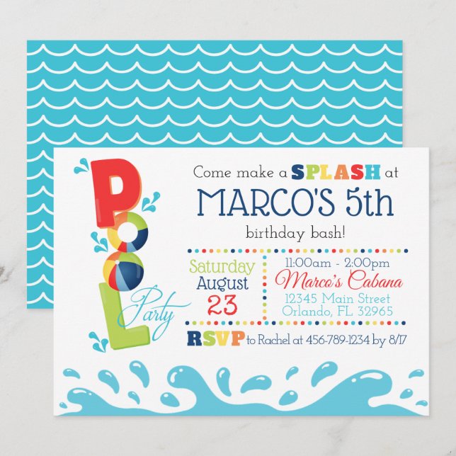 Pool Birthday Party Invitation - Pool Party (Front/Back)