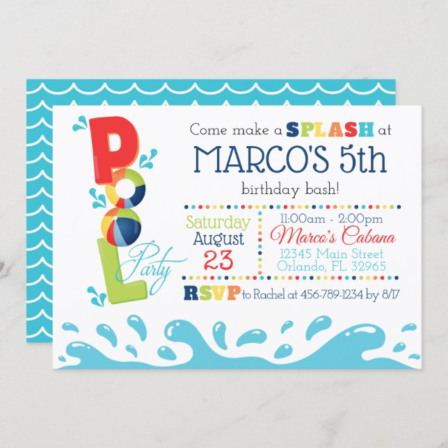 Pool Birthday Party Invitation - Pool Party (Front/Back)