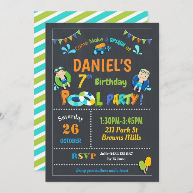 Pool Birthday Party Invitations Boys (Front/Back)