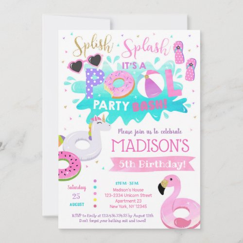 Pool Birthday Party Invitations for girl