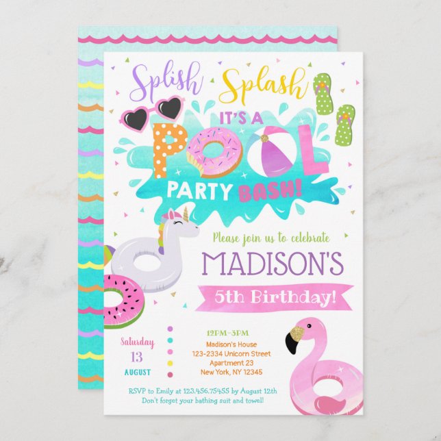 Pool Birthday Party Invitations for girl (Front/Back)