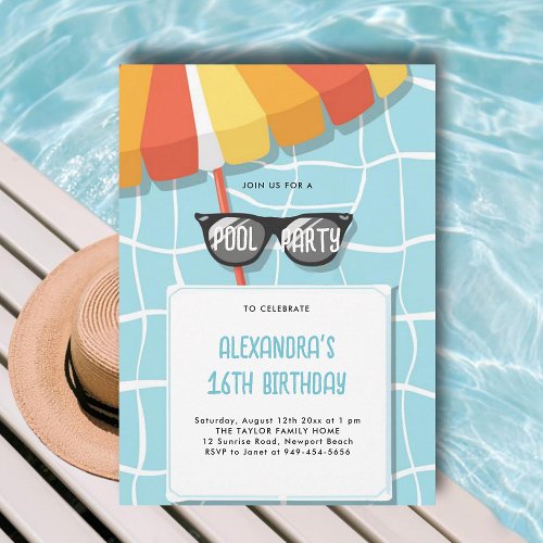 Pool Birthday Party Modern Cool Teen Sweet 16 Invitation