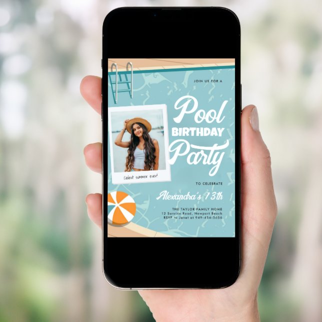 Pool Birthday Party Modern Summer Teen Tween Photo Invitation (Front Digital)