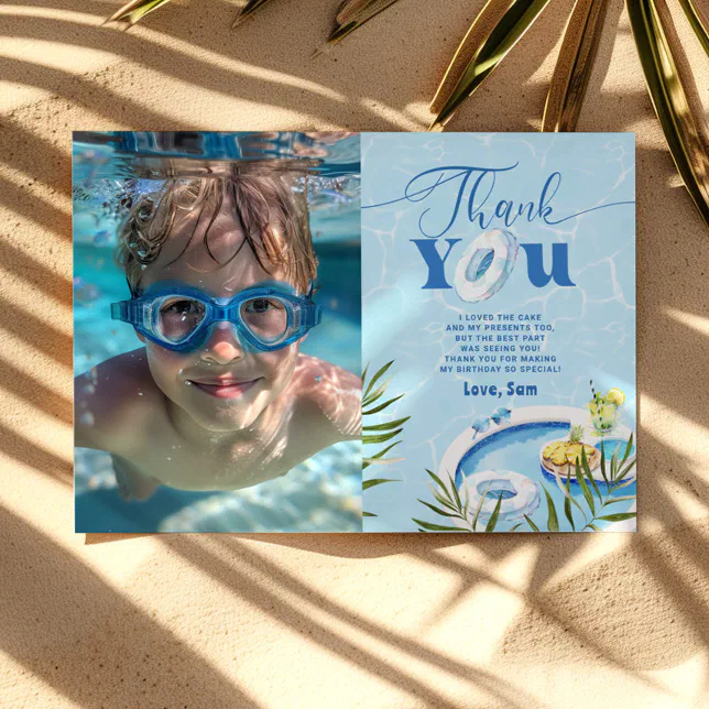 Pool birthday party photo thank you card | Zazzle