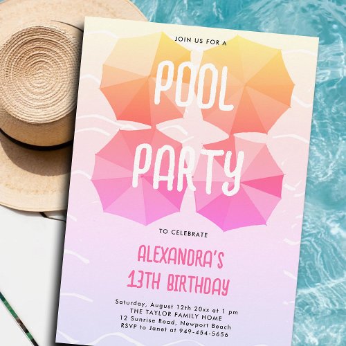 Pool Birthday Party Pink Umbrellas Cool Teen Tween Invitation