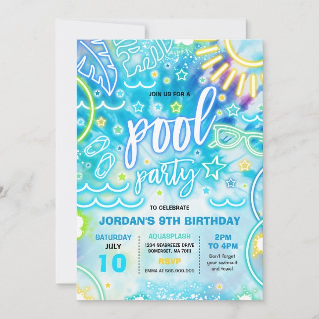 Pool Birthday Party Slide Splash Pad Tie Dye Glow Invitation (Front)