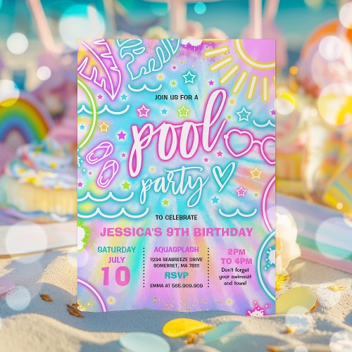 Pool Birthday Party Slide Splash Pad Tie Dye Glow Invitation